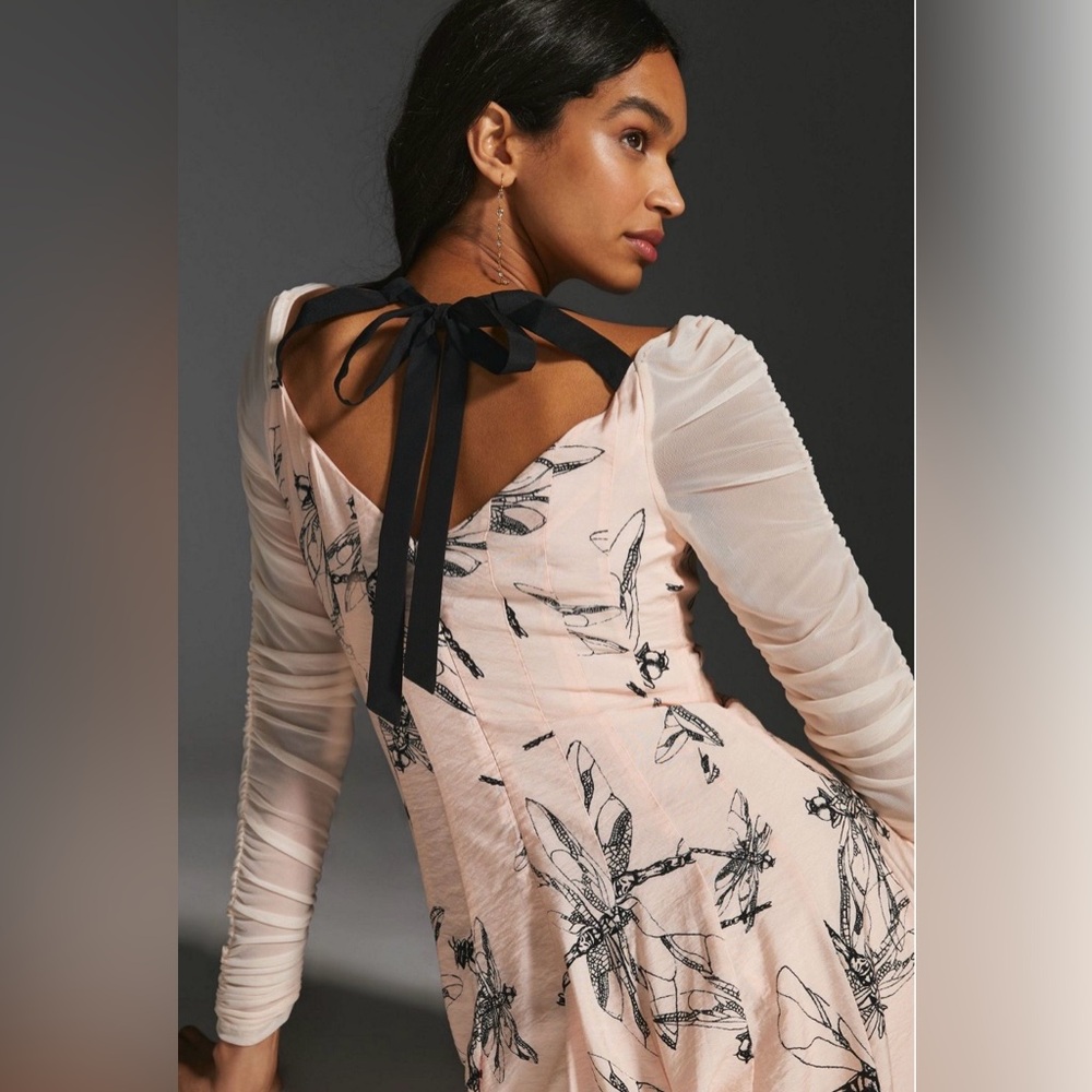 Anthropologie Blush Dress with Black Dragonfly Design - Picture 3 of 3